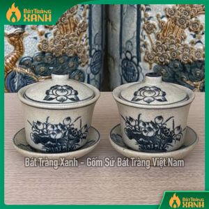 Bát sâm vẽ sen (chén sâm chén khải) thờ Bát Tràng Bát nước thờ cúng Bát trà sâm men rạn