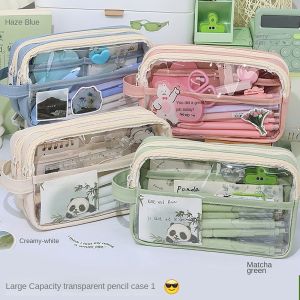 JUTBONG with Handle Pencil Case Transparent Large Capacity Stationery Storage Pouch Creative Multi-functional Pen Bag Office School Supplies