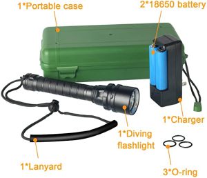 Diving flashlight IPX8 deep waterproof brightness up to 1280 lumen XM-L2 lamp beads diving night strong light long distance efficient heat dissipation wear-resistant coating is suitable for underwater deep sea caves (waterproof and shockproof)