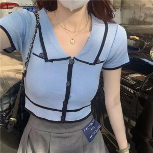 Polo Collar Knitted Short Sleeves T-shirt Women Korean Style Tops