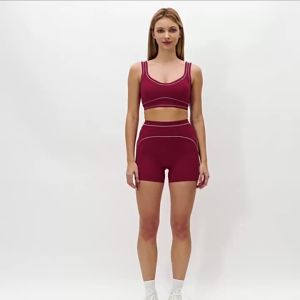 Zechuang Contrast Color Brushed Yoga Set with Double Shoulder Straps High-End Sports Fitness Wear for Women Running Workout Set 7028