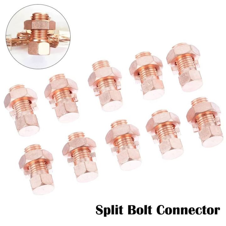 10-Pack Copper Split Bolt Connectors – Grounding Clamps For Bare Wires, High Conductivity Brass Coated, Fits 6-8 AWG (TJ-16)
