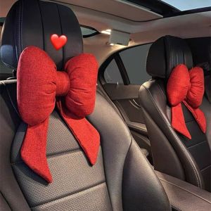 MAOMEI STUDIO Streamer Linen Bow Car Headrest Linen Ribbon Bow Ribbon Bow Car Neck Pillow Neck Rest Cushion Adjustable Car Seat