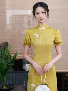 daidai (Ready Stock) Women Cheongsam Cheong Sam Qi Pao CNY Traditional Dress Knee Length Elegant 新中式上海名媛风黄色绿色白色改良旗袍复古气质