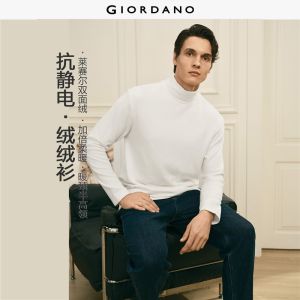 GIORDANO Men T-Shirts G+ Embroidery Fleece Tee High Neck Long Sleeve Fashionable Casual Regular Warm T-Shirts 01026786