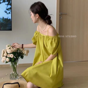 LHSunday ไฟลุก🔥มินิเดรสเปิดไหล่สายเดี่ยวแขนตุ๊กตา เดรสสั้นผ้าไม่หนาไม่บางไม่ร้อนสวมใส่สบาย เดรสแฟชั่นสีพื้นเรียบหรูดูแพงสุดๆ🤑