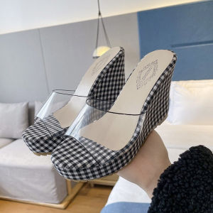 Free Shipping High-Heeled Slippers For Women Summer Thick-Soled Sandals Plaid Fabric Wedge Heel Ins Style Transparent Slippers Ladies Slippers