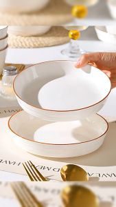 ZEO Brown Edged Ceramic Dinnerware Rice Bowl Soup Noodle Bowl Fruit Salad Plate for Daily Home Use 1Pc