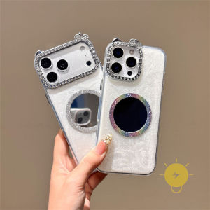 For iPhone 17 Pro Max Case TPU Cat Glitter Powder Mirror Chain Keychain Phone Case For Plus 16 15 14 13 12 11 16e/17e Cover Aesthetic Korean Cute
