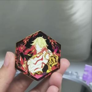 Mydei Hexagon Enamel Brooch Imitation Hard Enamel Gold Plating Red Flame Anime Game Badge Collection Item