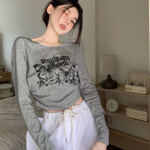 Ielgy Niche In Màu Xám phong cách Hàn Quốc cổ tròn Dây Rút Tay áo dài T-Shirt Cho Phụ Nữ
