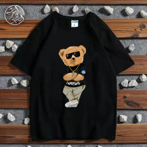 New Trendy Men Cotton T-shirt Loose Large Size Round Neck Top Cool Dog Bear Print Animal Print Black and White