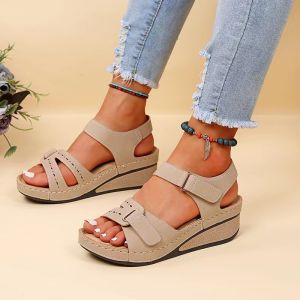 2025 Summer New Vintage WomenS Sandals Stitched Clogs Large Size Round-Toe Wedge Comfortable Sandals