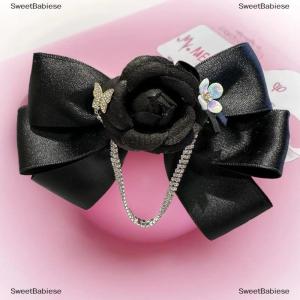 [COD] SweetBabiese Temperament Sparkling Rhinestone Chain French Camellia Multi-layer Bow Hair Clip Ladies Headwear Hair Accessories