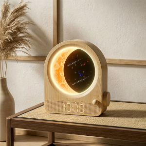 Digital Sunrise Alarm Clock with Wake Up Light 3D Moon Starry Sky Lamp Dimmable Night Light Dual Alarms Nature Sounds White Noise Sleep Aid for Kids Room Wood