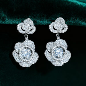 SEQUITO High Quality Women Ear Jewelry Gold Color Pave Setting White AAAAA Zirconia Flower Long Drop Earrings SE1012