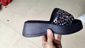 [Free Shipping] Black sequined open-toe thick-soled sandals for women new summer fashion square toe waterproof platform high heel comfortable