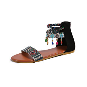 [Free Shipping] Large Size Back-Zipper Flat Sandals For Outdoor Wear 2026 New Bohemian Style Beaded Tassel Beach Sandals