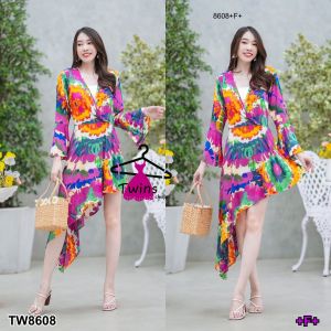 P8608 เดรสคอวีระบายเฉียงหางปลาพิมลายดอกไม้ V-neck slanting fishtail dress with floral print