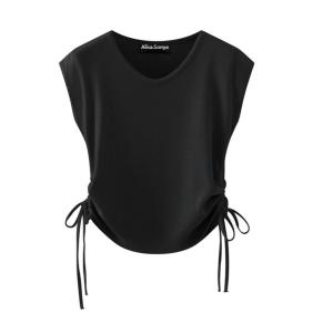 （CLE）Alisa.sonya เสื้อยืดผู้หญิงแขนสั้นคอวีน้ำหนักเบาเสื้อถักผ้าฝ้ายเสื้อลำลองลายทางระบายอากาศสำหรับฤดูร้อน