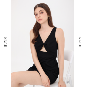 HJYN | Đầm khoét eo linen premium Vivian màu đen dáng ngắn