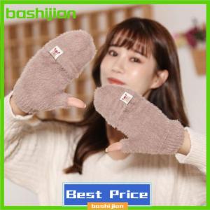 bashijian Mùa đông phụ nữ nửa ngón tay Flip-Top Găng Tay sinh viên dễ thương Cô gái phim hoạt hình ấm áp thoải mái mềm mại phong cách dày đan găng tay