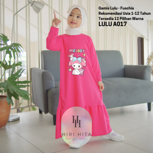 Hirihita Lulu A017 Baju Gamis Lulu Anak Perempuan Creep Spandek Sablon Melody Helo Kity Cinnamoroll Cinamon Sanrioo 12 Pilihan Warna Hitam Maroon Salem Biru Navy Ungu Lilac Fuschia Pink Cokelat Bata 1-12 Tahun