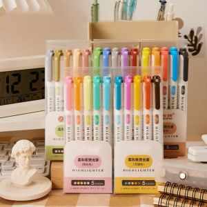 【IN STOCK】5 Colors/box Double Headed Highlighter Pen Set Drawing Pastel Fluorescent Pen Cute Student Stationery Colored Markers Pens School Office Supplies