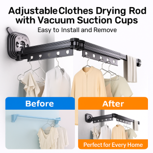 【พร้อมใช้งาน】ราวตากผ้าพับได้ติดผนังพร้อมถ้วยดูด ประหยัดไม้แขวนเสื้อ ไม่ต้องเจาะ ราวแขวนแบบมองไม่เห็น