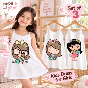2 Pcs Assorted White Spaghetti Kids Dress for Girls Adorable Assorted Designs and Comfort for 1-8 Years old
