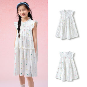 balabala Girl Dress Children Dress 2025 New Summer Older Children Sweet Ruffled Aline Dress