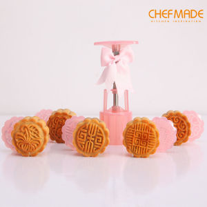 CHEFMADE Mooncake Mold Set with 8pcs Flowers Stamps 50g Bakeware Round Shape Plane Solid Figure Hand Press Baking Tool Mould for Cookie Mid-Autumn Festival Decoration Pink Wk9449/Wk9450