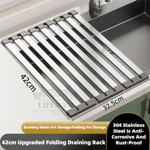 [SG Seller]Roll Up Dish Drying Rack Foldable Over Sink Draining Rack 304 Stainless Steel Kitchen Organizer