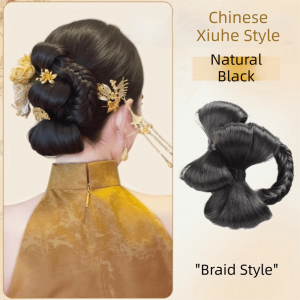 BAGUO Thanh lịch Búi tóc giả tổng hợp Tự nhiên Ngọt ngào Mũ tóc hình đầu hoa Thời trang Nhẹ nhàng Cô dâu Trung Quốc búi tóc dành cho phụ nữ