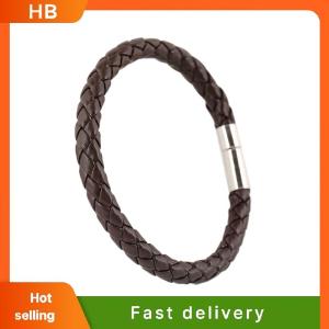 HB Women Men Black Leather Charm Wristband Stainless Steel Magnetic Clasp Bracelet
