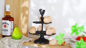 Sungmor Heavy Duty Cast Iron Eggs Holder Countertop Decor - Kitchen & Dining Room Organization Egg Stroage Display Rack - Vintage Dark Brown Color & Rooster Shaped Design - 12 Eggs Holding Capacity
