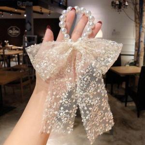 Dây buộc tóc nơ ren chuỗi ngọc chun cột tóc co giãn vải ren vòng ngọc