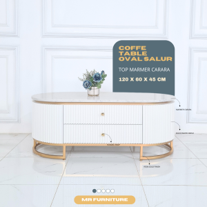 Meja tamu oval duco top marmer putih carrara