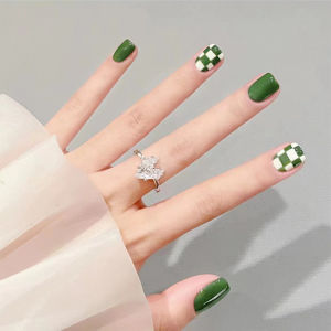 Warna solid kotak-kotak hijau putih kuku palsu 24pcs+sebatang lem / Kutek Palsu / Kuku Tiruan / Nail Art Stiker / Kuku Buatan / Stiker Kuku Impor