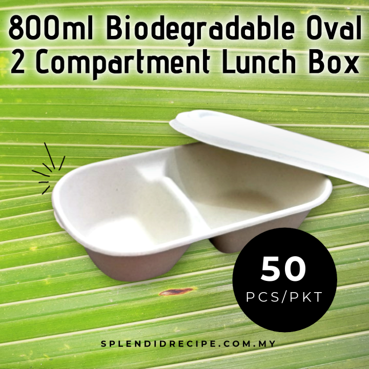 800ml Biodegradable Sugarcane Oval 2 Compartment Lunch Box with Lid (50 ...