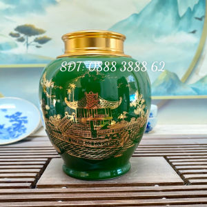 Bình đựng trà Bát Trràng men xanh vẽ cảnh chùɑ một cột khuê văn các - Bình Đựng trà gốm sứ Bát Tràng cao cấp