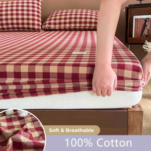 Dansunreve Fittedsheet 100% Cotton Plaid Bedsheet- Vintage Red/Green/Grey Bed Sheet Queen/King Mattress Cover Pillowcase 纯棉床笠