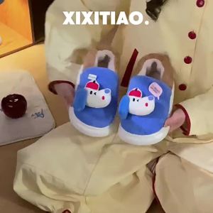 XIXITIAO รองเท้าแตะผ้าฝ้ายกันสีสำหรับบ้านแสนสนุกรองเท้าคุณแม่คู่ลูกสุนัขน่ารักฤดูหนาวรองเท้าขนสัตว์คู่อบอุ่นแบบปิดสำหรับผู้ชายและผู้หญิง