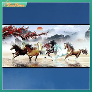 Premium 100x50cm Nine Running Horses Diamond Painting Wall Decor with Round Drill for Living Room Accent