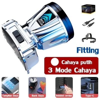 30 hari tanpa pengisian daya 1999000mah 300Watt senter kepala led cas tahan 24 jam tahan air heavyduty militer asli darurat stong light Headlamp berkemah led Senter Berkemah Headlamp Outdoor LED