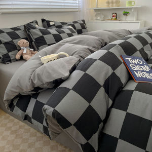 MUJI Bedding Set Four-Piece Solid Color Washed Cotton Bed Sheet Duvet Cover Bed Skirt Single Double Dormitory Three-Piece Bedding Set LZD