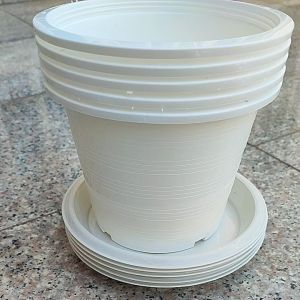 กระถางแปดนิ้ว สีขาว พร้อม จานรองสีขาว 8 นิ้ว แพ็คละ 5 ชุด