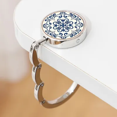 RBJ4 Blue-and-White Porcelain Pattern Table Handbag Hook Folding Zinc Alloy Handbag Holder Elegant Round Handbag Rack Travel