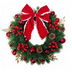 PHANT With LED Light and Bow Christmas Wreath Artificial Pinecone Red Berries Large Size Xmas Door Hanging Holiday Decorations Rustic Style Xmas Hanging Ornaments Window