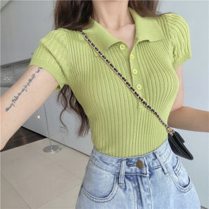 PM✿ Korean Fashion Elegant Polo Collar Croptop Short Sleeve Knit Top for Women
